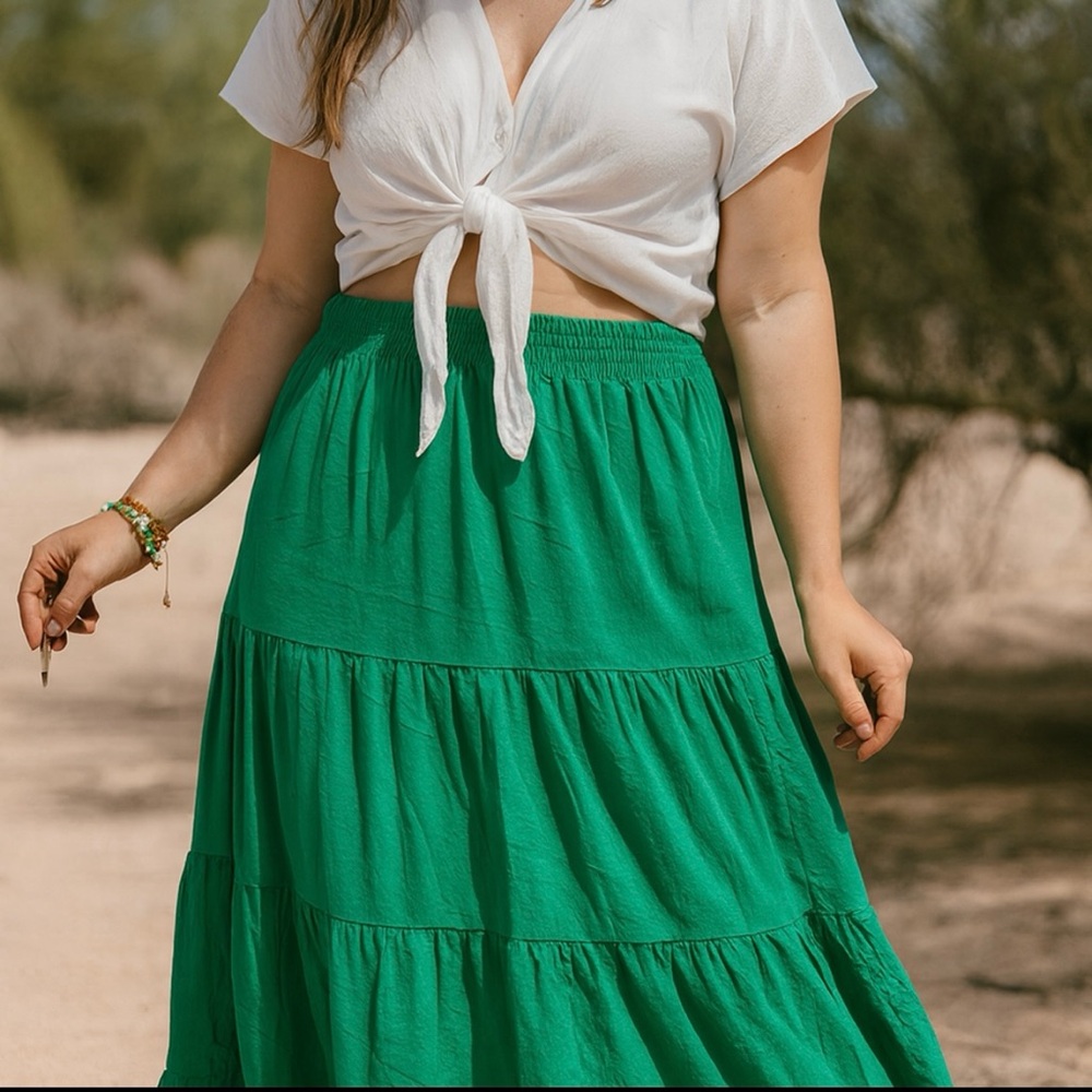 NEW Loft Beach Green Tiered Linen Blend Flowy Slit Midi Skirt Peasant Size L